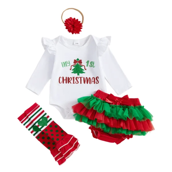Christmas Glitter Romper Skort Set with Leg Warmers and Headband