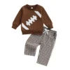 Fashionable Long Sleeve Rugby Pullover with Plaid Pants Set