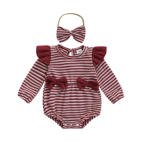Striped Long Sleeve Ruffle Romper with Headband