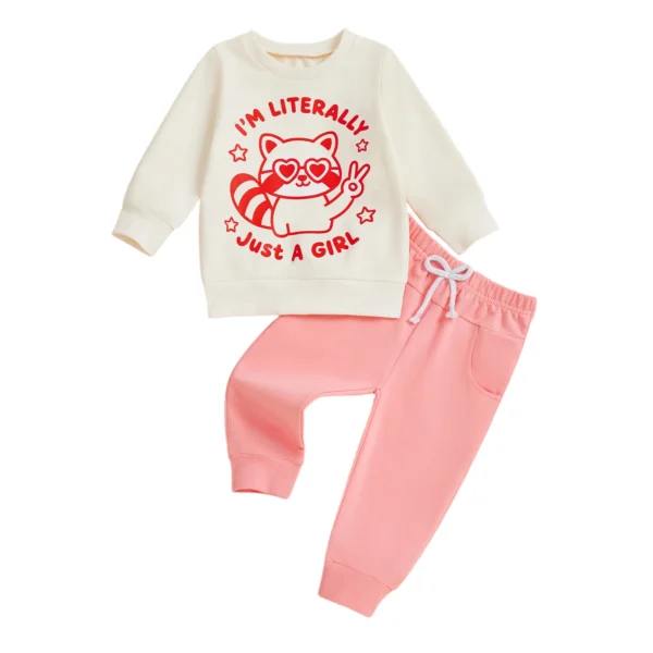 Cat Print Long Sleeve Pullover and Solid Pants Set