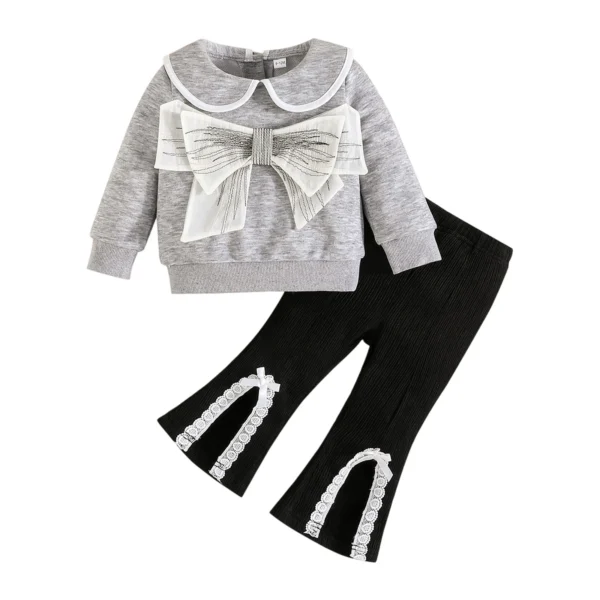 Bow Collar Long Sleeve Top and Flared Pants Set