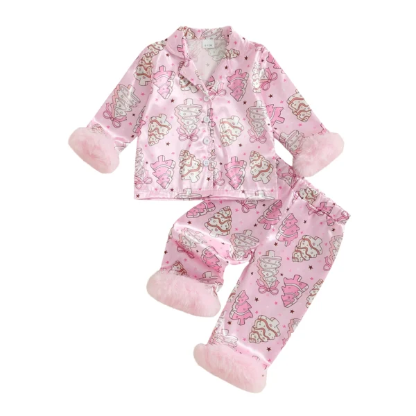 Christmas Tree Print Pajamas Set with Fur Cuffs