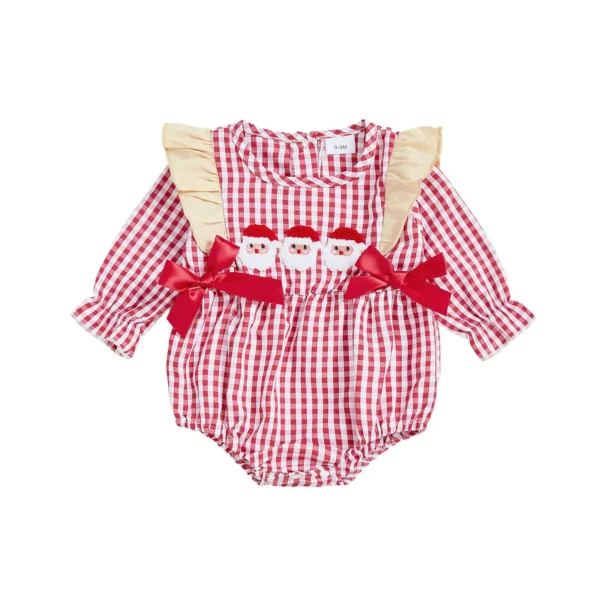 Christmas Plaid Romper with Santa and Tree Embroidery