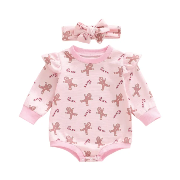 Christmas Bubble Romper with Candy Cane Print and Ruffled Sleeves