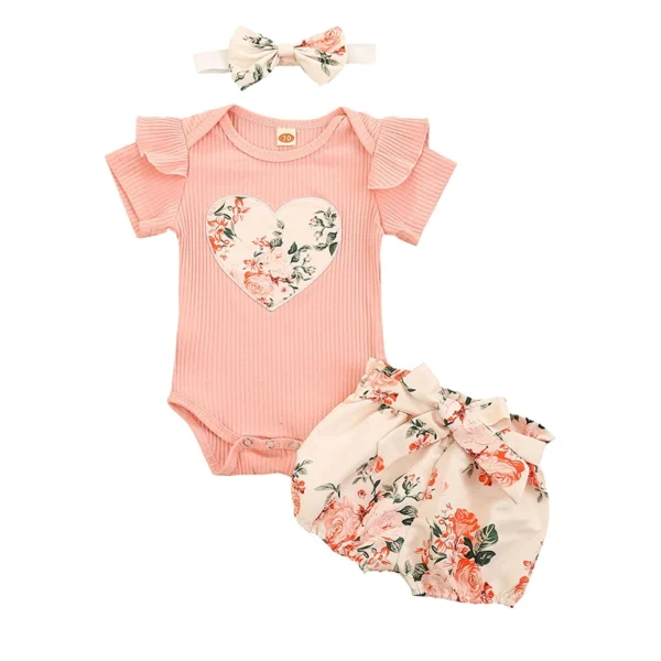 Floral Ruffle Sleeve Romper and Shorts Set with Headband