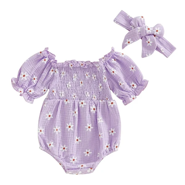 Daisy Print Off Shoulder Summer Romper with Headband