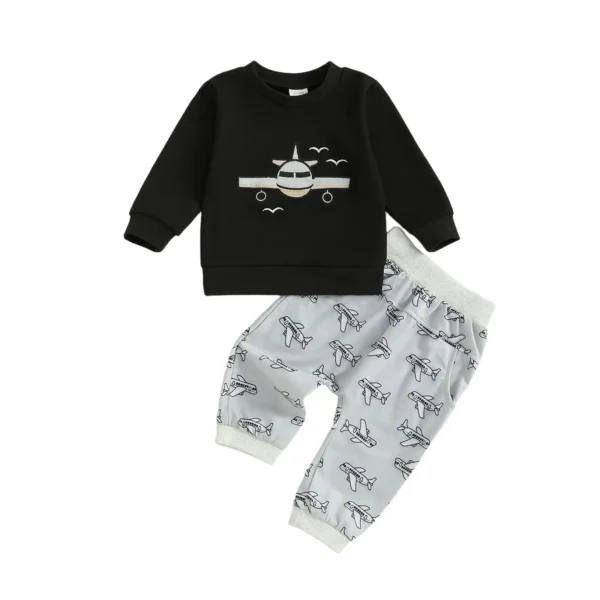 Aircraft Embroidery Long Sleeve Pullover and Print Pants Set