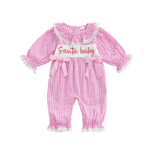 Christmas Plaid Romper with Lace and Embroidery