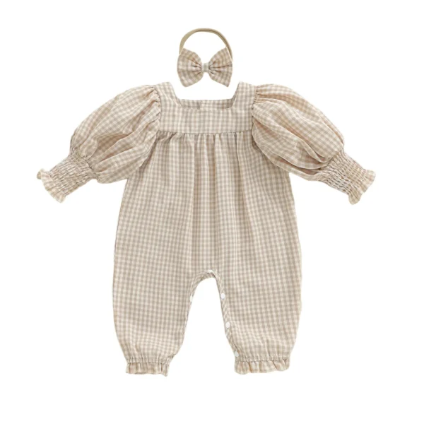 Plaid Long Sleeve Baby Romper with Bow Headband