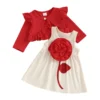 Ruffled Cardigan with 3D Flower and Sleeveless Dress
