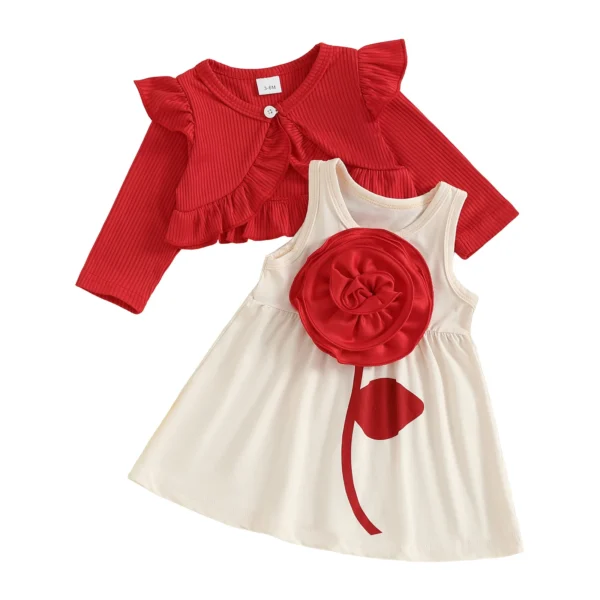 Ruffled Cardigan with 3D Flower and Sleeveless Dress
