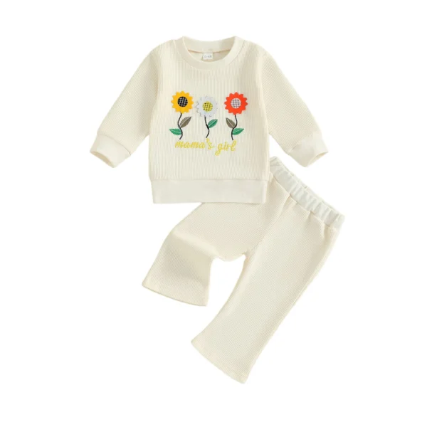 Sunflower Embroidery Long Sleeve Top and Flared Pants Set