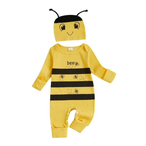 Bee Print Long Sleeve Baby Romper with Hat Set