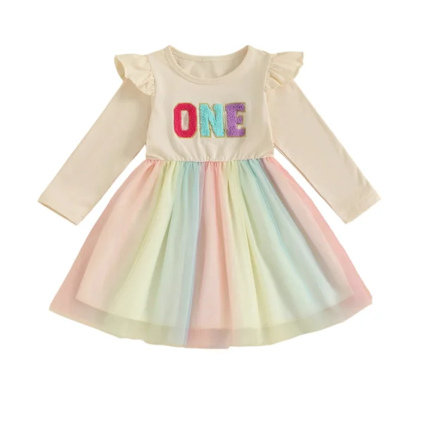 Embroidered A-Line Dress with Tulle and Long Sleeves