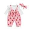 Strawberry Print Ruffle Long Sleeve Romper with Headband