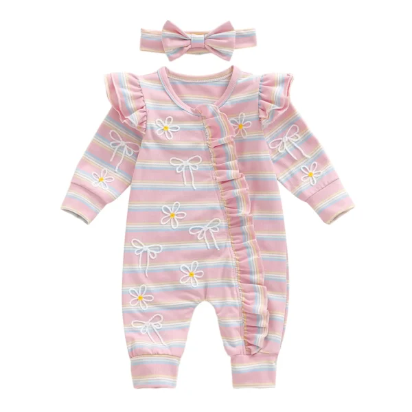 Striped Long Sleeve Romper with Headband