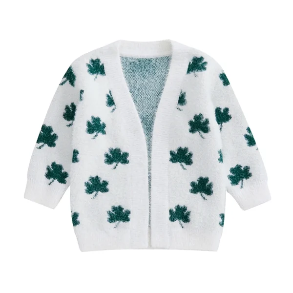 Fuzzy Open Front Cardigan with Shamrock Print