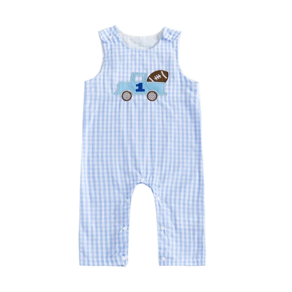 Plaid Football Truck Embroidered Overall Romper