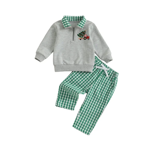 Christmas Outfit with Tree Embroidery and Plaid Pants Set
