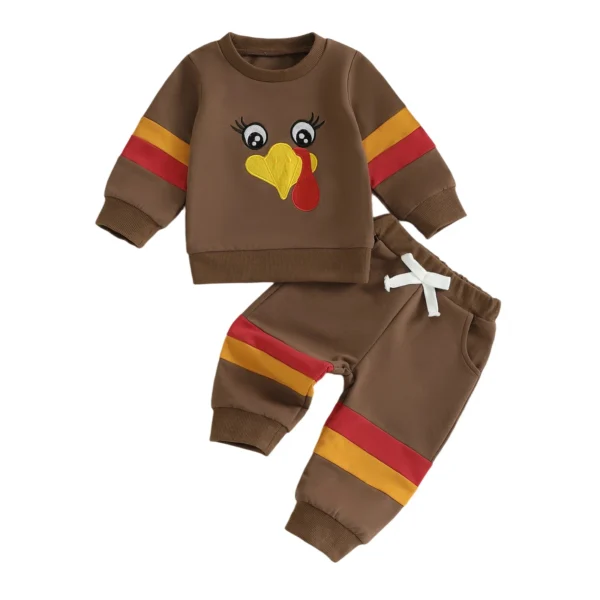 Thanksgiving Turkey Embroidery Long Sleeve Pullover and Pants Set