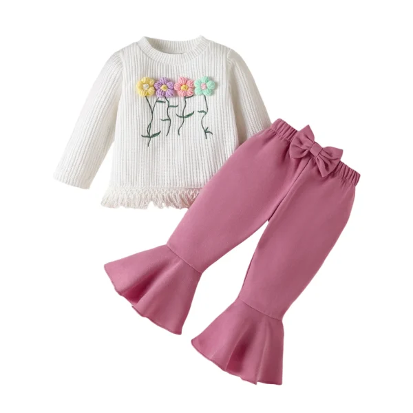 Crochet Flower Pullover and Bow Flare Pants Set