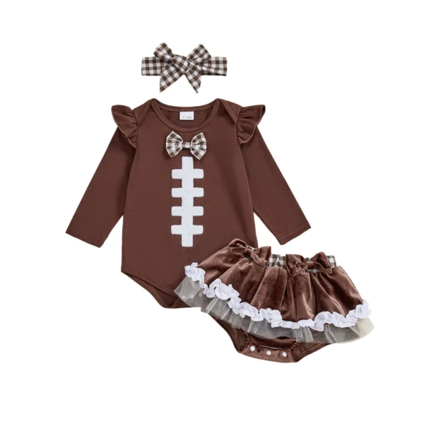 Football Embroidered Long Sleeve Romper with Velvet Skorts and Bow Headband Set