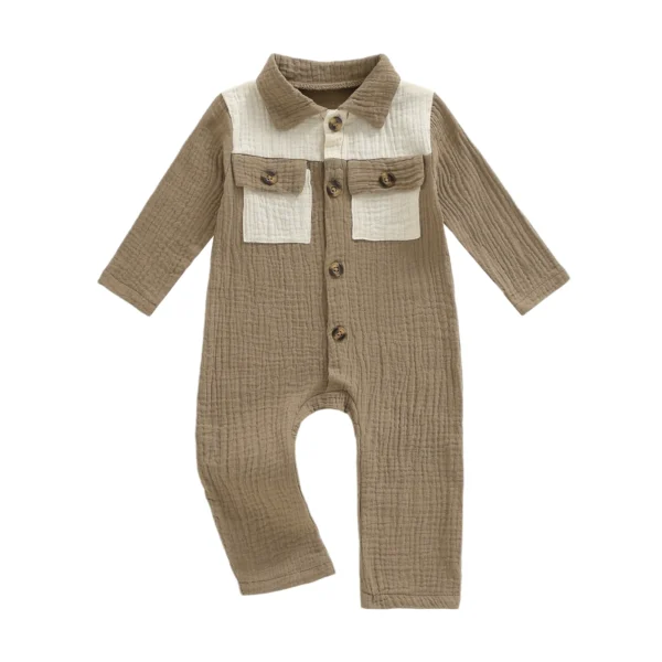 Contrast Color Long Sleeve Baby Romper with Pockets