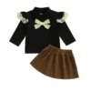 Fall Outfit with Bow Lace Long Sleeve Top and Corduroy Skirt Set