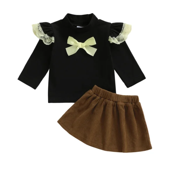 Fall Outfit with Bow Lace Long Sleeve Top and Corduroy Skirt Set