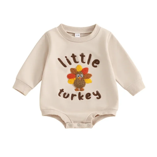 Thanksgiving Baby Romper with Turkey Embroidery and Letter Print