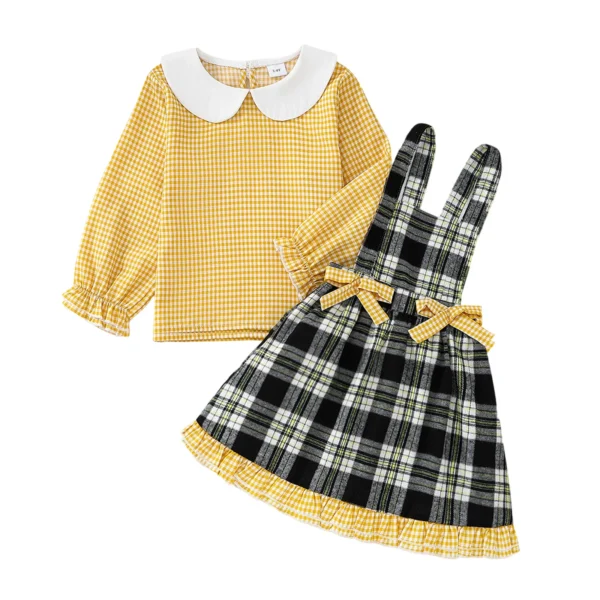 Long Sleeve Top and Plaid Suspender Skirt Set for Kids