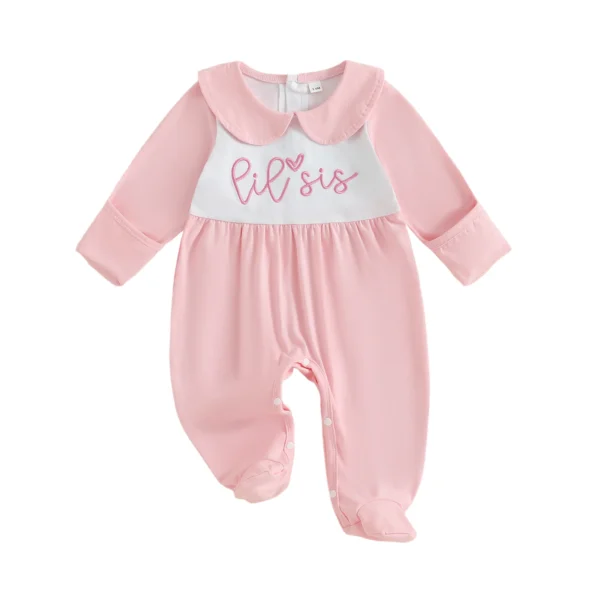Embroidered Long Sleeve Footed Romper with Doll Collar