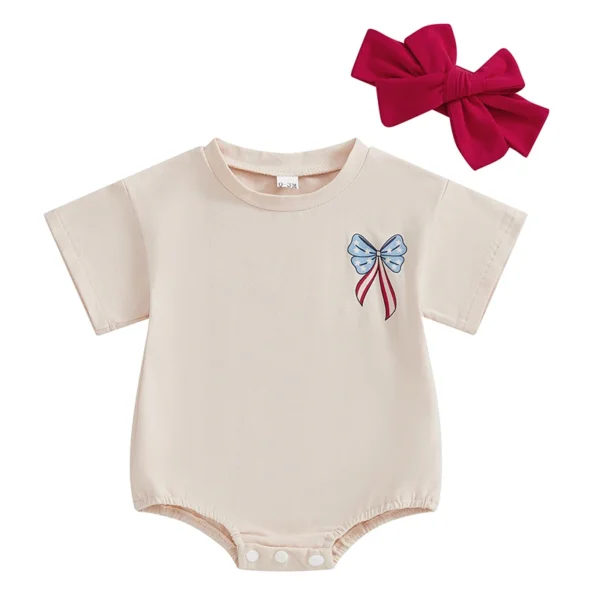 Independence Day Bow Print Romper with Headband