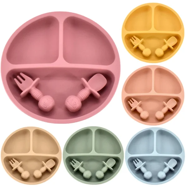 Silicone Baby Dining Plate Set with Cute Cartoon Design