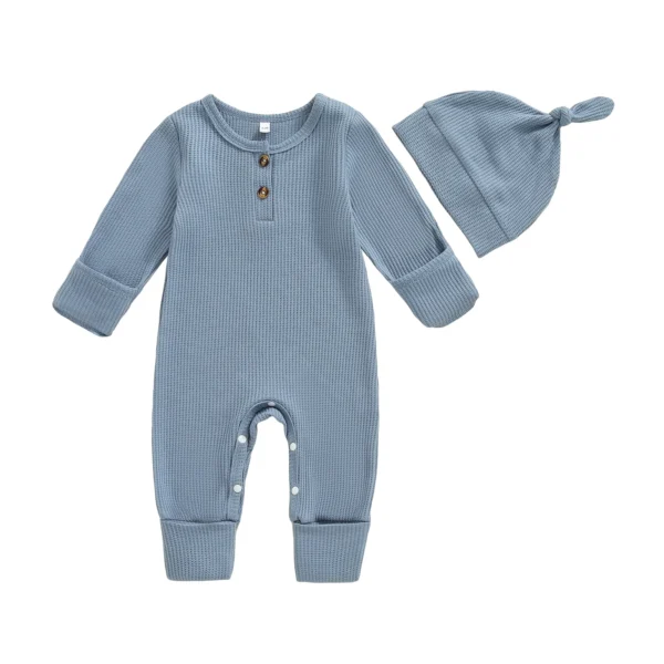 Solid Color Long Sleeve Baby Romper with Hat