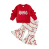 Christmas Tree Embroidery Long Sleeve Pullover with Bell Bottoms Set