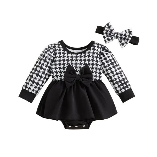 Houndstooth Romper Dress with Bow Headband