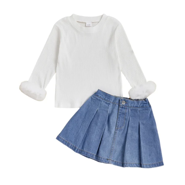 Fuzzy Trim Long Sleeve Ribbed Top and Denim Skirt Set