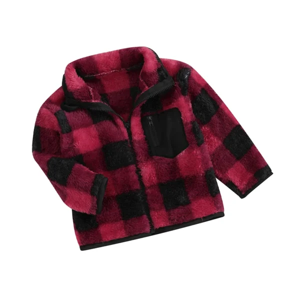 Plaid Polar Fleece Jacket with Zipper Pocket for Kids