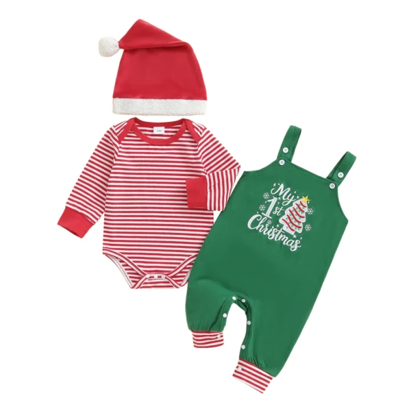 Striped Long Sleeve Baby Christmas Romper Outfit with Hat