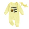 Bee Embroidered Long Sleeve Romper with Headband Set
