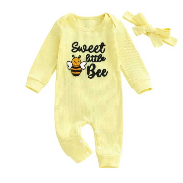 Bee Embroidered Long Sleeve Romper with Headband Set