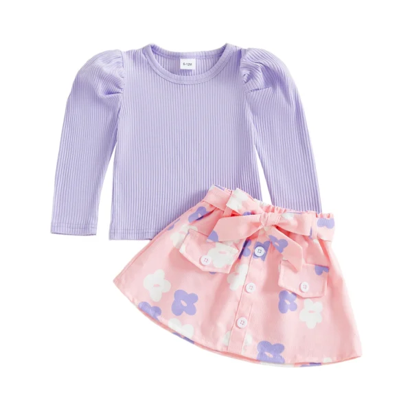 Solid Color Long Sleeve Top with Floral Print Skirt Set