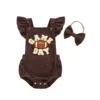 Corduroy Football Letter Embroidery Romper with Bow Headband Set