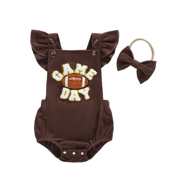 Corduroy Football Letter Embroidery Romper with Bow Headband Set