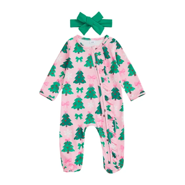 Christmas Romper with Santa Tree Print and Headband