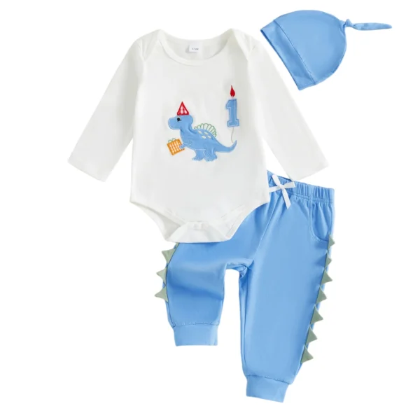 Dinosaur Embroidered Baby Romper Set with Pants and Hat