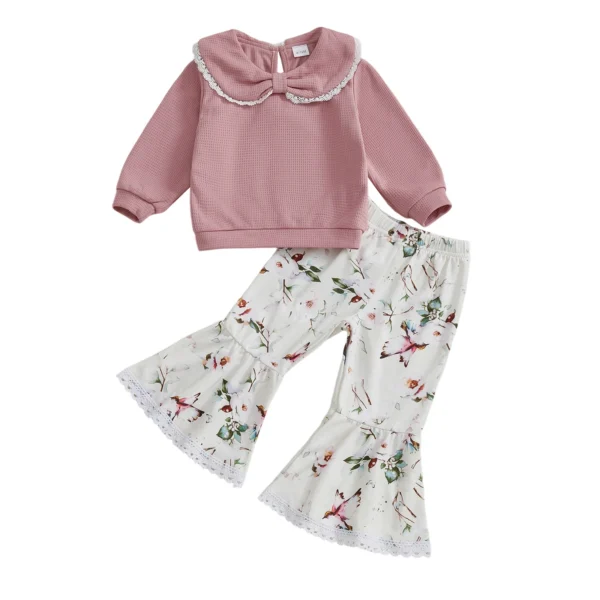 Long Sleeve Bow Collar Top and Bell Bottoms Set