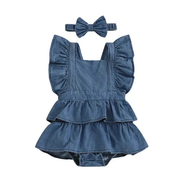 Layered Denim Romper with Bow Hairband