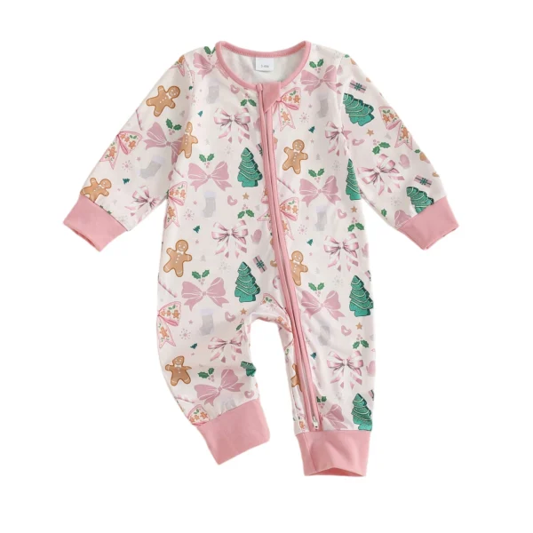 Christmas Print Long Sleeve Zipper Romper